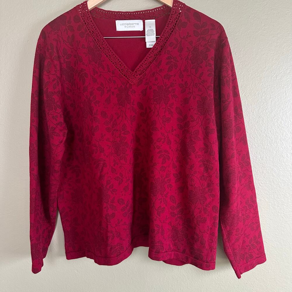 Liz Claiborne Women 1X Red Botanical print 3/4 sleeve knit top